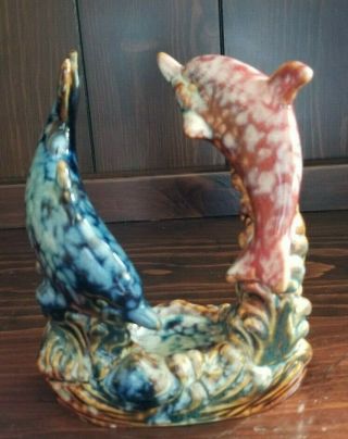 Vintage Dolphin Ceramic Candle Holder Incense Burner Marble Glaze,  2 Dolphins
