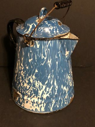 Large Blue & White Swirl Agate Enamelware Coffee Pot Granite Ware Enamel Pitcher