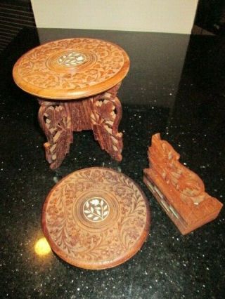 Set Of 2 Vintage India Teakwood Carved Small Plant Stand / Stool