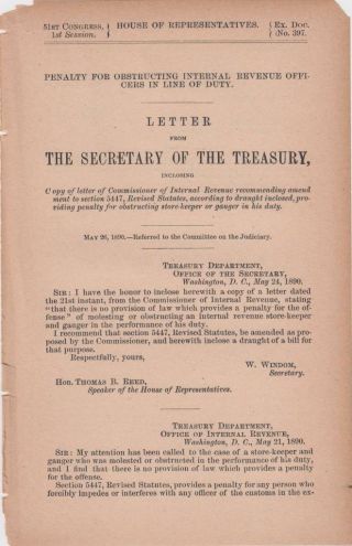 Letter From Secretary Of Treasury 1890 Penalty For Obstructing Irs Officers