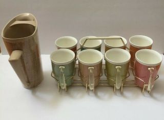 Vintage Tupperware Pitcher & 8 Cups Plastic.  With Golden Iron Carry Case.