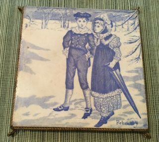 Wedgwood Ceramic Tile Trivet Showing Feb.  In Monthly Series 6x6 " Excl Cond.