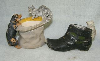 (2) Antique Cat & Dog Figures - Cat & Mouse In Shoe & Cat And Dog On Hat Brim