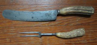 Antique Ib Botson Globe Knife & 2 Tine Fork With Stag Handles