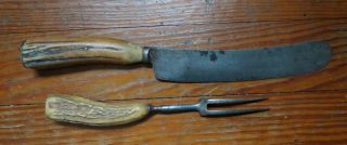 ANTIQUE IB BOTSON GLOBE KNIFE & 2 TINE FORK with STAG HANDLES 3