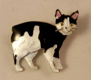 Vintage Manx Cat Black And White Enamel Pin Brooch