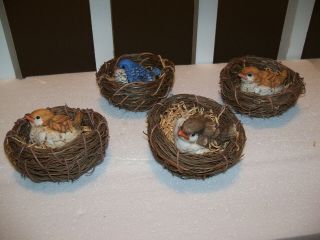 Set Of 4 Vintage Porcelain Bisque Birds Figurines In Natural Twig Vine Nests