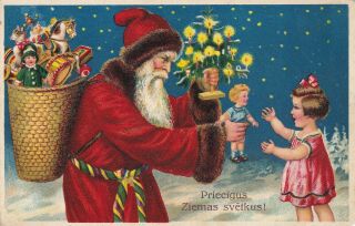 Santa Claus In Red Robe With Kids.  Vintage German Edition.  1930