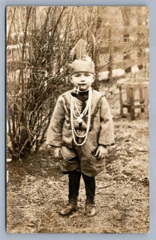 American Indian Little Boy Smoking Pipe Antique Real Photo Postcard Rppc