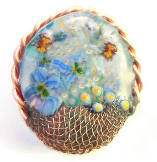 Glass Paperweight Button " Forget - Me - Not Bouquet " In Metal Basket - Mary Gaumond