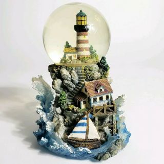 Lighthouse Snowglobe Light House Nautical Ocean Beach Wave Boat W/ Music & Light