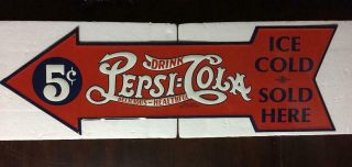 Vintage Pepsi Cola Ice Cold Here Metal Arrow Sign Embossed Red Advertising