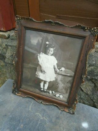 Antique,  Carved,  Wooden Picture Frame With Photograph Of A Young Girl