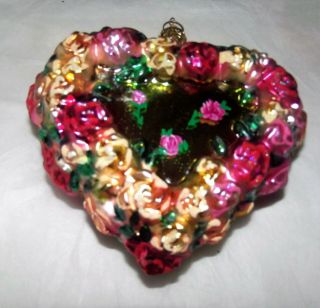 Christopher Radko Heart In Bloom Pink & Gold Roses Christmas Ornament W/ Box Mib