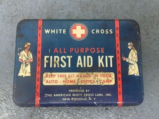 Vintage White Cross Emergency First Aid Kit Tin 7 - 1/2 " Metal Box