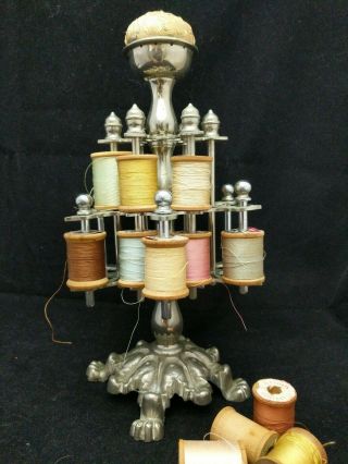 Vintage Sewing Thread Spool Two Tier Claw Feet Metal Stand Holder Pin Cushion
