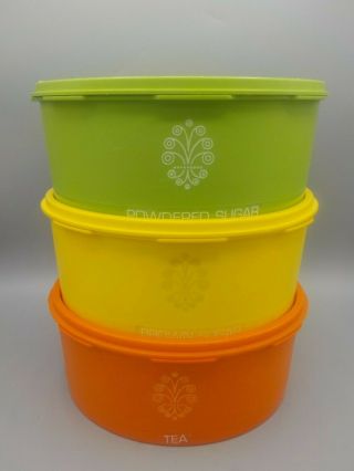 Tupperware Servalier 8 Cup Stacking Canister 1204 Green Yellow Orange Set 3 Vtg
