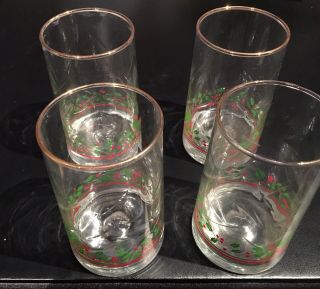 4 Vtg Arbys Libbey Water Drinking Glasses Holly Berry Christmas Glass 1982 Gold
