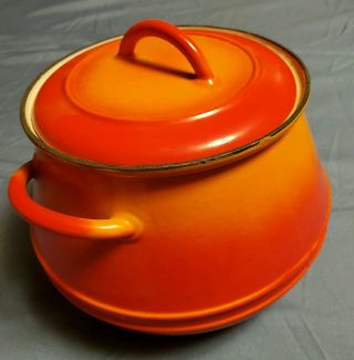 Vintage Descoware Belgium Cast Iron Enamel 3 Qt Bean Pot Orange / Red