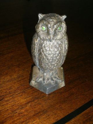 Vintage Heavy Cast Metal Owl With Green Glass Eyes Paperweight/figurine