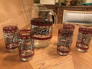 Vintage Coca Cola Pitcher And 5 Drinking Glasses Stained Glass Style
