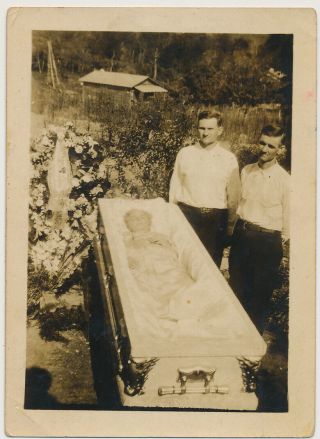 Farm Men By Post Mortem Dead Woman In Open Casket Vtg 1920 