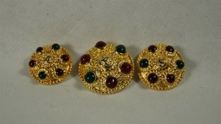 Set Of 3 Authentic Chanel Red & Green Gripoix On Gold Cc 16,  17 & 20mm Buttons
