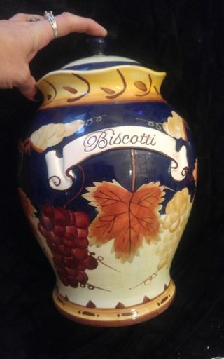 Biscotti Hand Painted For Nonni`s Navy Blue Fruit Cookie Jar W/ Rubber Seal Lid