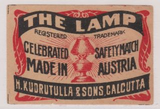 Old Matchbox Label Austria For India,  " The Lamp ",  H.  Kudrutulla & Sons Calcutta