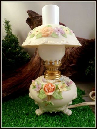Vtg Lefton Hand Painted Porcelain Bisque Hurricane Style Mini Lamp