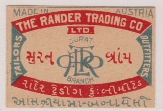 Old Matchbox Label Austria For India,  " The Rander Trading Co Ltd " Surat Branch