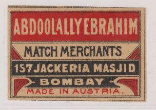 Old Matchbox Label Austria For India,  Abdoolally Ebrahim Match Merchants,  Bombay