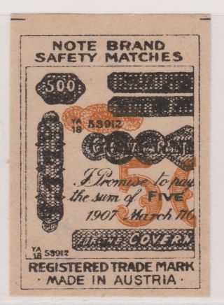 Old Matchbox Label Austria For India,  " Note Brand "