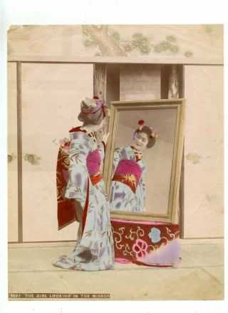 Ca 1880s - 1900 Unmounted Girl - Mirror Photo Hand - Tinted Albumen Print My25