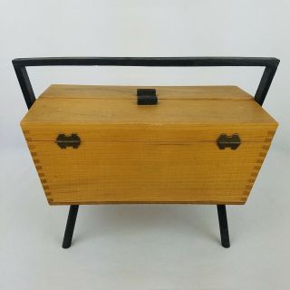 Mid Century Modern Sewing Box Maple Wood With Black Legs Wooden Vintage Craft