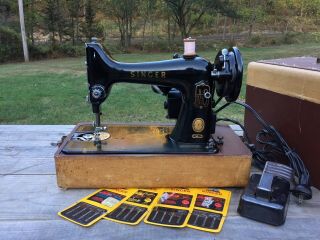 Vintage Singer Black Sewing Machine Model 99 W/ Pedal,  Light & Traveling Case