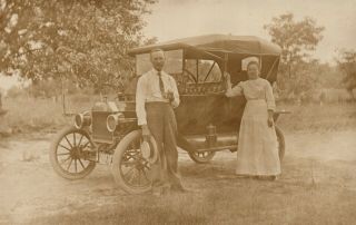 Old Car W/ Family Couple Antique Real Photo Postcard Rppc