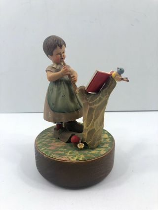 Vintage Anri Reuge Music Box Italy Girl Playing Clarinet Bird Wood Wooden