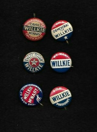 6 Unusual Wendell Willkie 1940 Presidential Campaign Buttons Incl.  Coattail