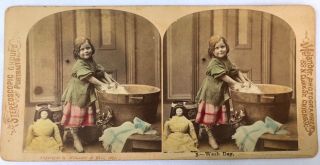 1870s Wash Day Girl Child China Head Doll Color Tinted Stereoview Albumen Photo