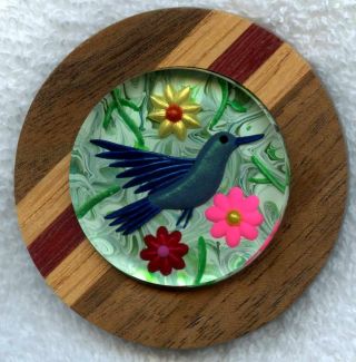 Humming Bird Reverse Hand Carved Lucite And Wood Studio Button Size 2 1/4 "
