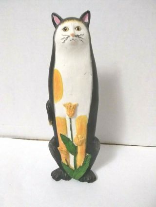 Cat Ceramic Hand Painted Figurine Decoration Black And White 9.  5 " Tall