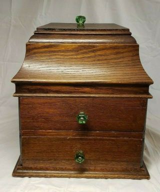 Vintage Oak Wood Sewing Notion Box 2 Drawer Cabinet Flip Top Storage