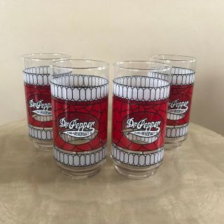 Set Of 4 Vintage Stained Glass Dr Pepper Glasses Promotional Soda Pop