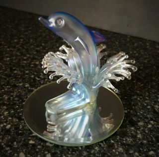 Delicate Glass Blown Dolphin In Water/waves On Mirror Base