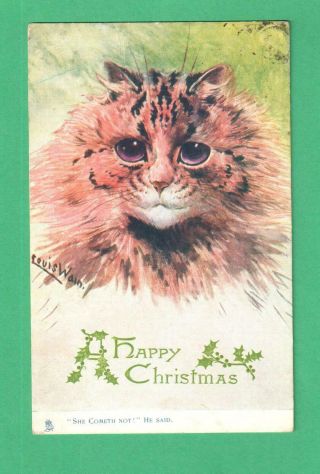 1910 Tuck Louis Wain Christmas Postcard Portrait Of Cat Holly