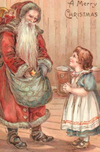 1906 OLD WORLD CHRISTMAS POSTCARD SANTA CLAUS SACKS TOYS APPLE GIRL 2