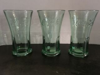 Set Of 3 6 - 1/4 " Libby Heavy Green Glass Coca - Cola Coke Flared Glasses 16oz