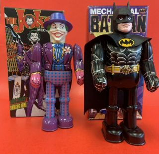 Mechanical Batman And Joker - Set Of Tin Toy Walking Wind Up Robots 1989 Japan