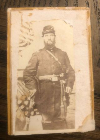 ARMED Gun & Sword Civil War Confederate Soldier CDV? Photograph MACON CITY BACK 2